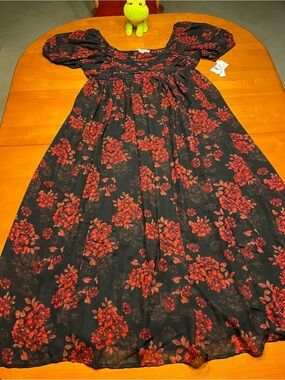 Wallflower Black Dress with Red Floral Print and Puff Sleeves